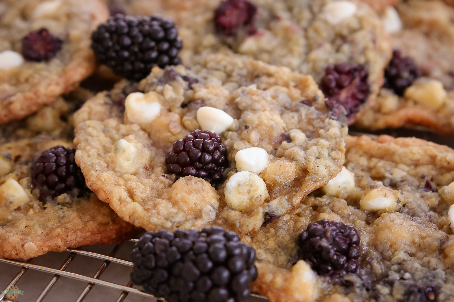 blackberry oatmeal cookies on a cooling rack