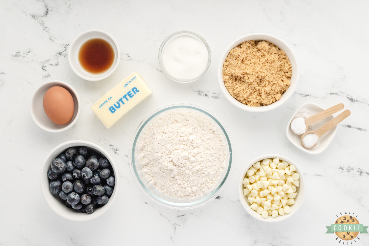 Ingredients in Brown Butter Blueberry Cookies recipe.