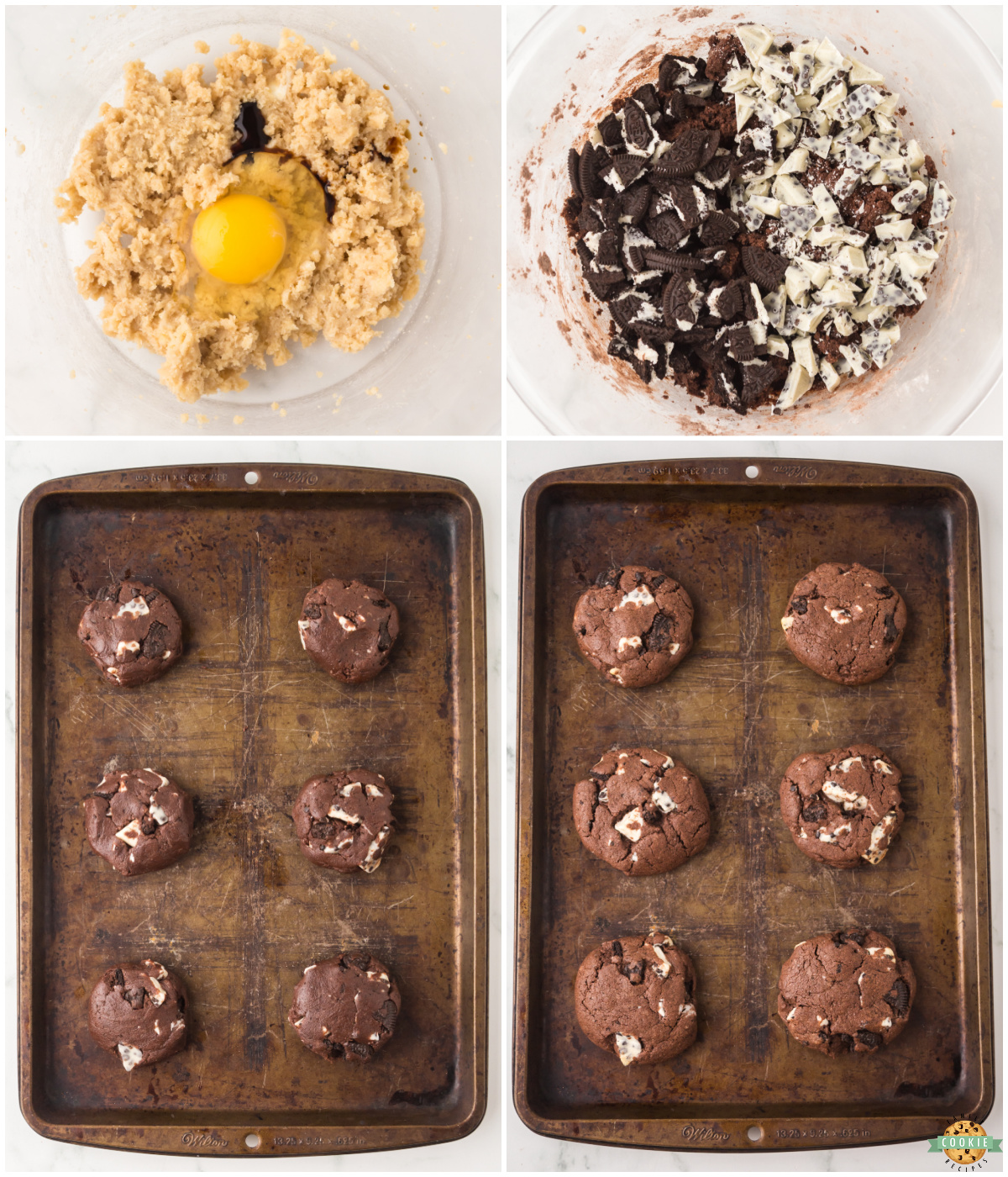 making chocolate cookies with crushed Oreos and cookies and cream candy bars