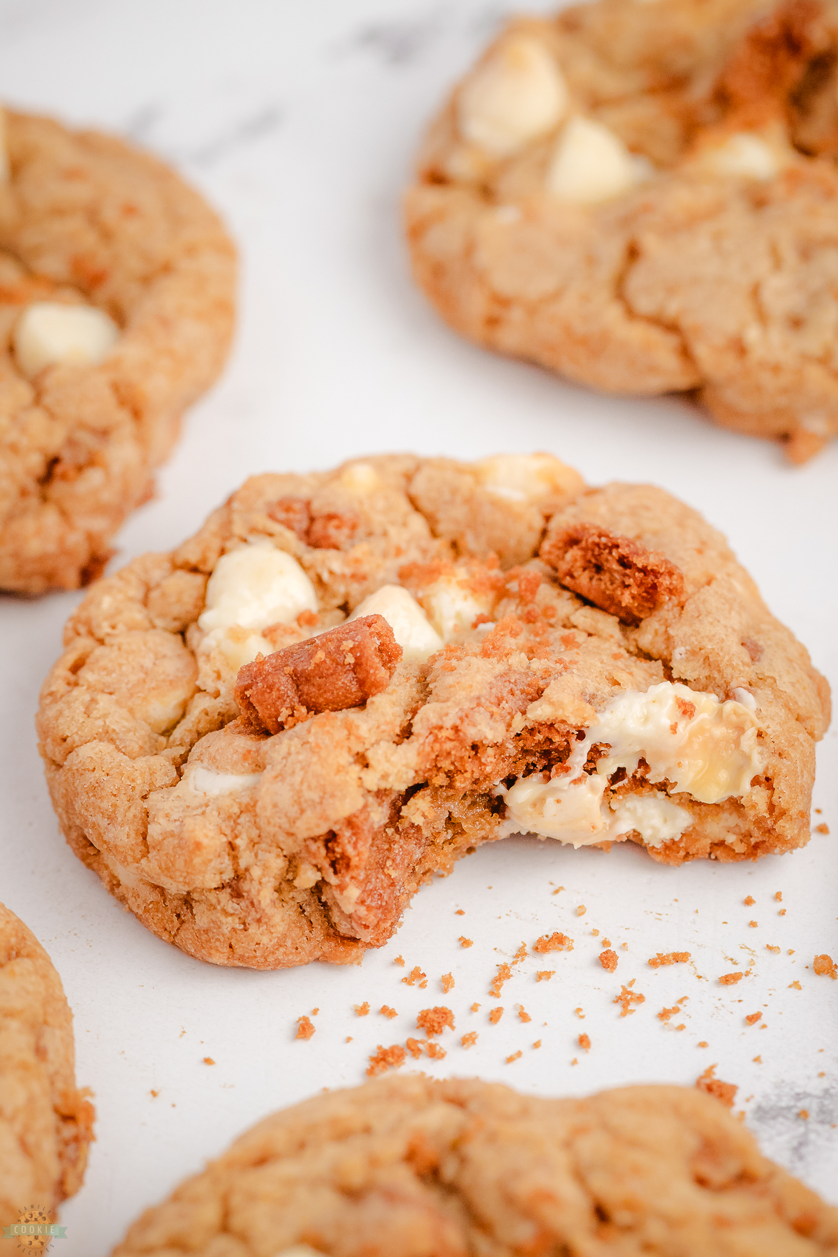 bite taken out of a Biscoff cookie with white chocolate chips in it. 