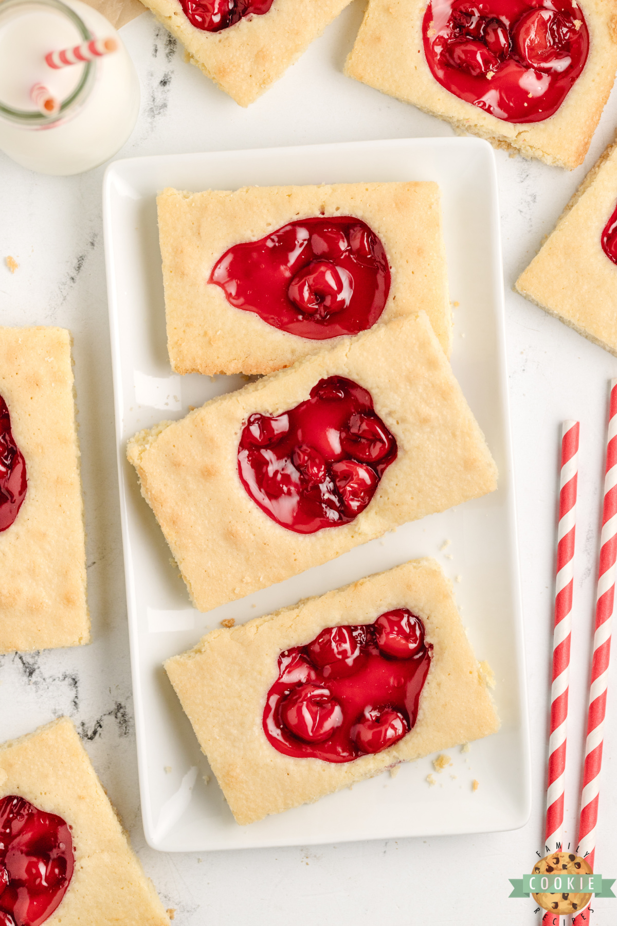 Cherry pie cookie bars arranged on a serving platter for a party or holiday gathering.