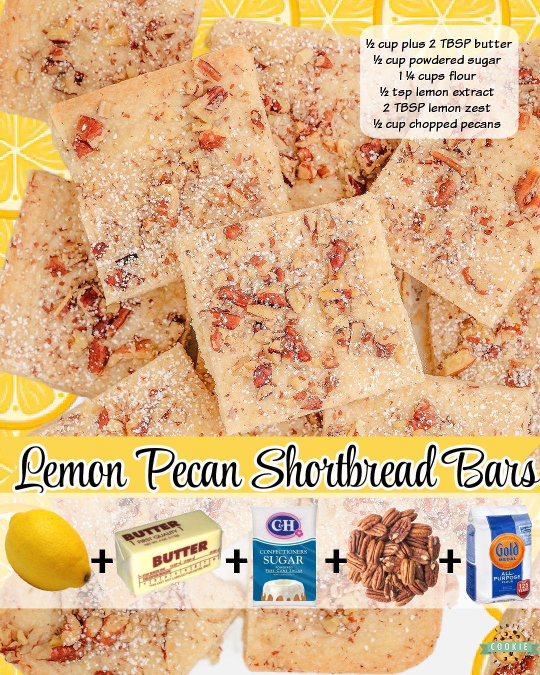 Lemon Pecan Shortbread Bars are a classic treat made with butter, powdered sugar, flour, lemon extract & zest and chopped pecans. Tangy, buttery shortbread baked & cut into squares!