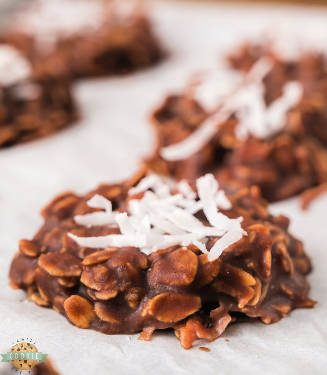 Chocolate coconut no bake cookies made with oats and peanut butter.