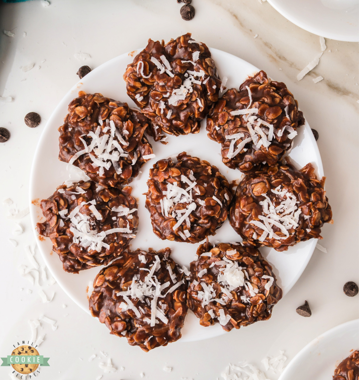 Easy no bake coconut cookies made with peanut butter and chocolate chips.