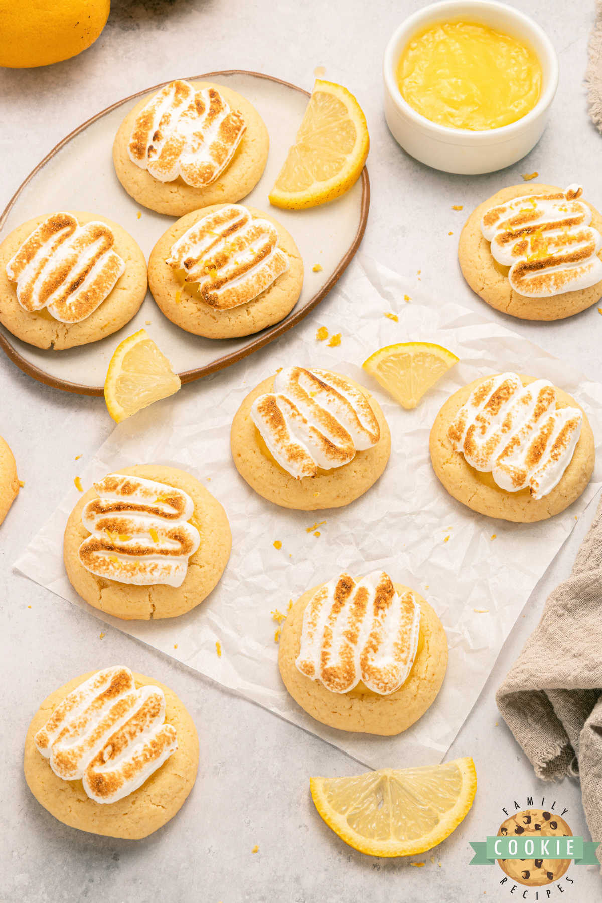 Lemon meringue pie cookies topped with toasted meringue.
