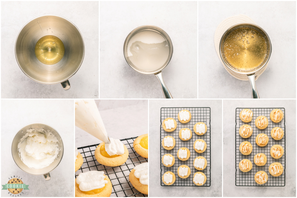 Step by step photos on how to make the meringue topping for the cookies.