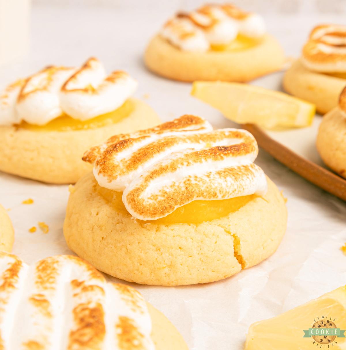 Lemon meringue pie cookies topped with toasted meringue.