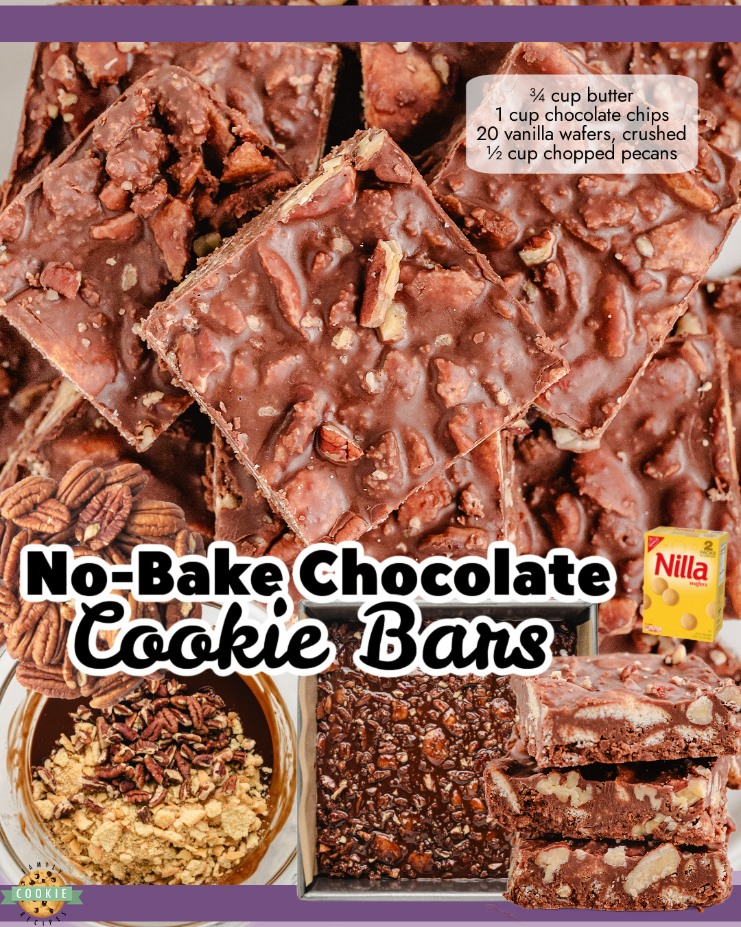 Super simple Chocolate Pecan Cookie Bars made easy with 4 ingredients: butter, chocolate chips, vanilla wafer cookies & chopped pecans- no oven required!