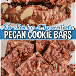 Super simple Chocolate Pecan Cookie Bars made easy with 4 ingredients: butter, chocolate chips, vanilla wafer cookies & chopped pecans- no oven required!
