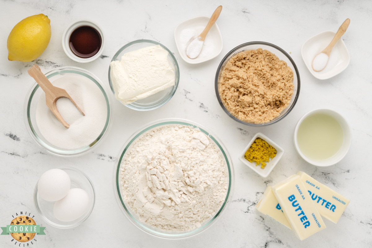 Ingredients in Lemon Cheesecake Cookies recipe.
