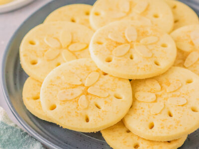 plateful of sand dollar cookies with almonds